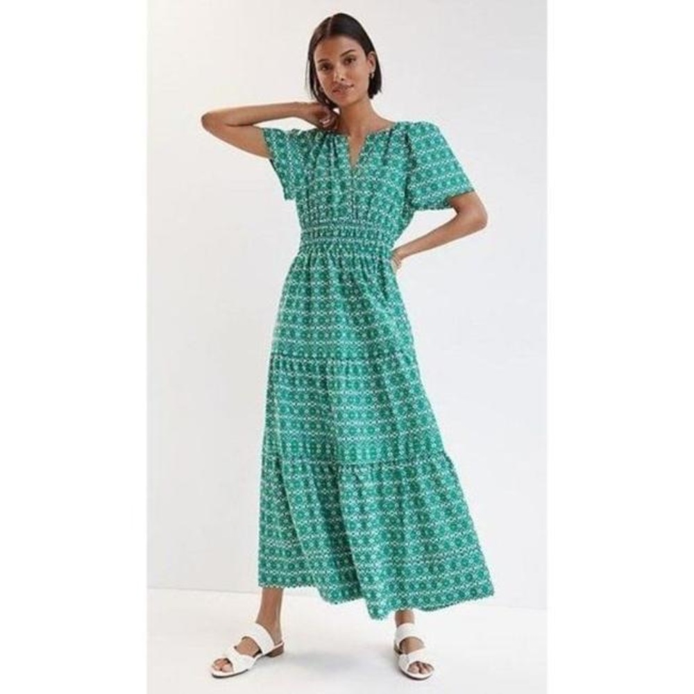 Anthropologie Tiered Green Print Somerset Maxi Dress EUC XL